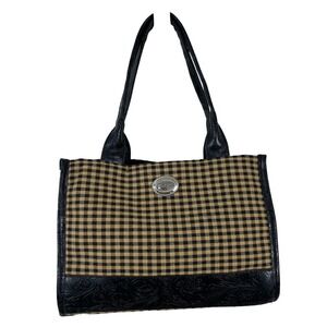 Longaberger Gingham Tote Bag Black Tan Embossed Floral Trim Silver Logo Plaque